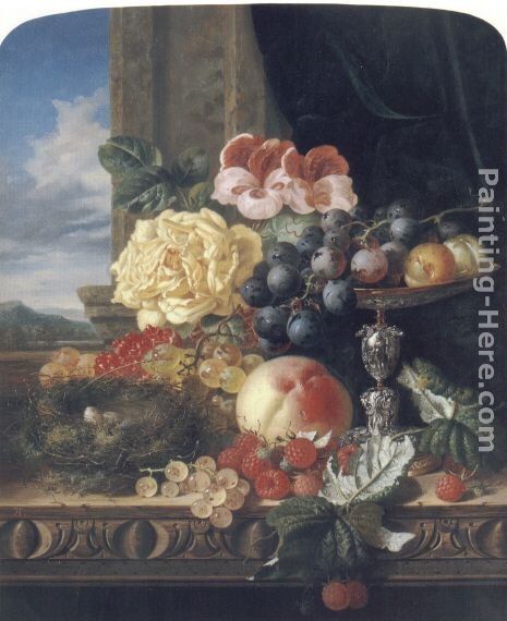 Edward Ladell Still Life with Fruit, Flowers and a Bird's Nest